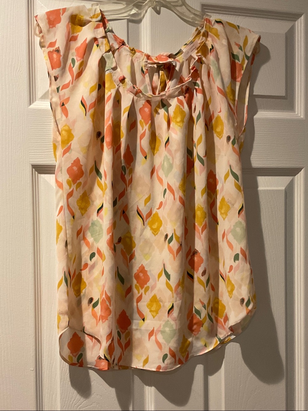 LC Lauren Conrad Cream Floral Tie-Neck Blouse with Coral and Yellow Accents